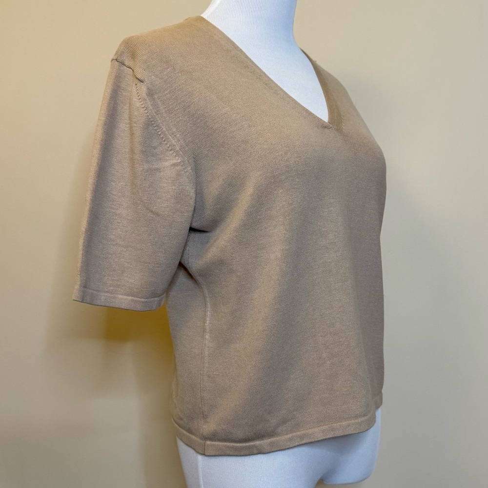 Massini Beige Knit Top Medium Short Sleeve V Neck Minimal Classic